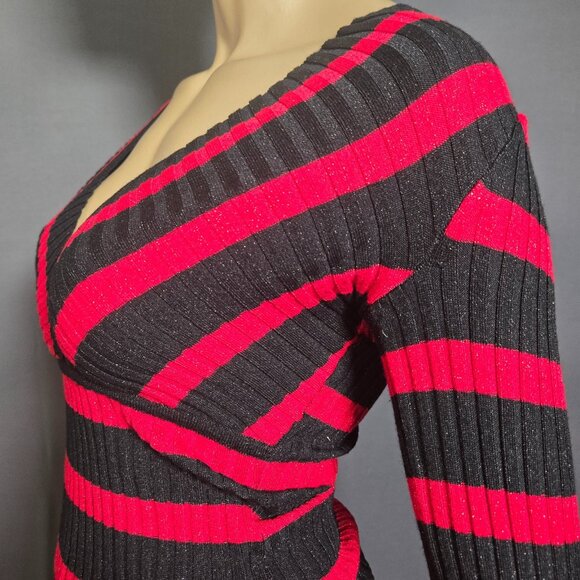 Y2K INC Striped Fitted Sweater Size XS Red Black Glitter Ribbed V Neck Emo - Picture 7 of 10